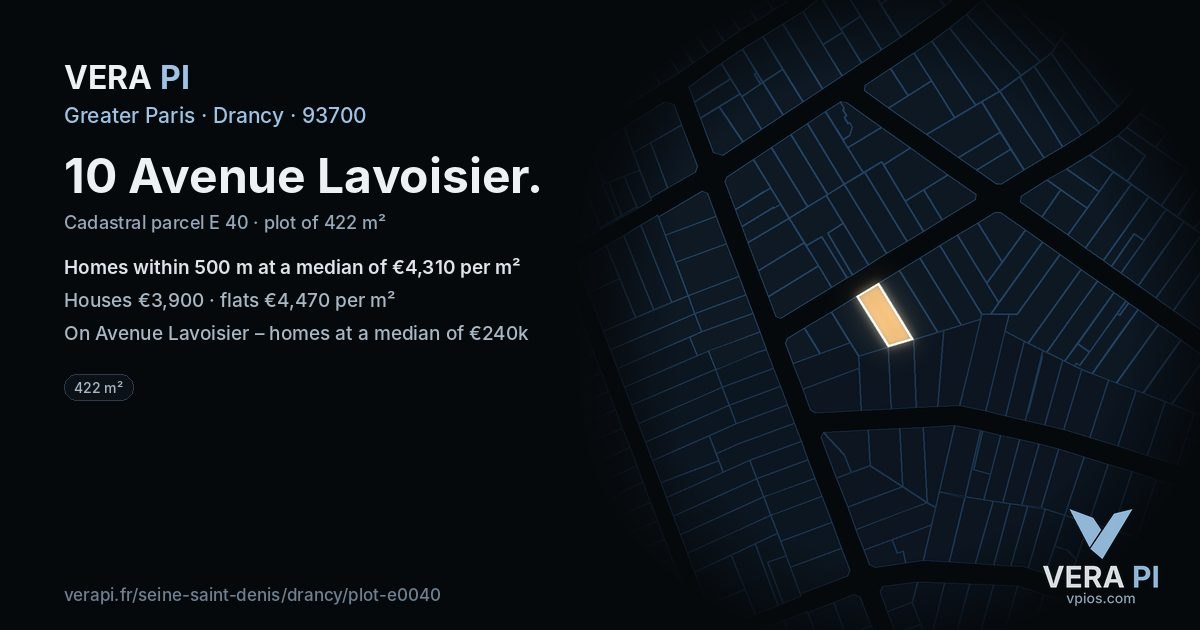 10 Avenue Lavoisier, Drancy at night – the plot lit, the parcels around coloured by the prices near them