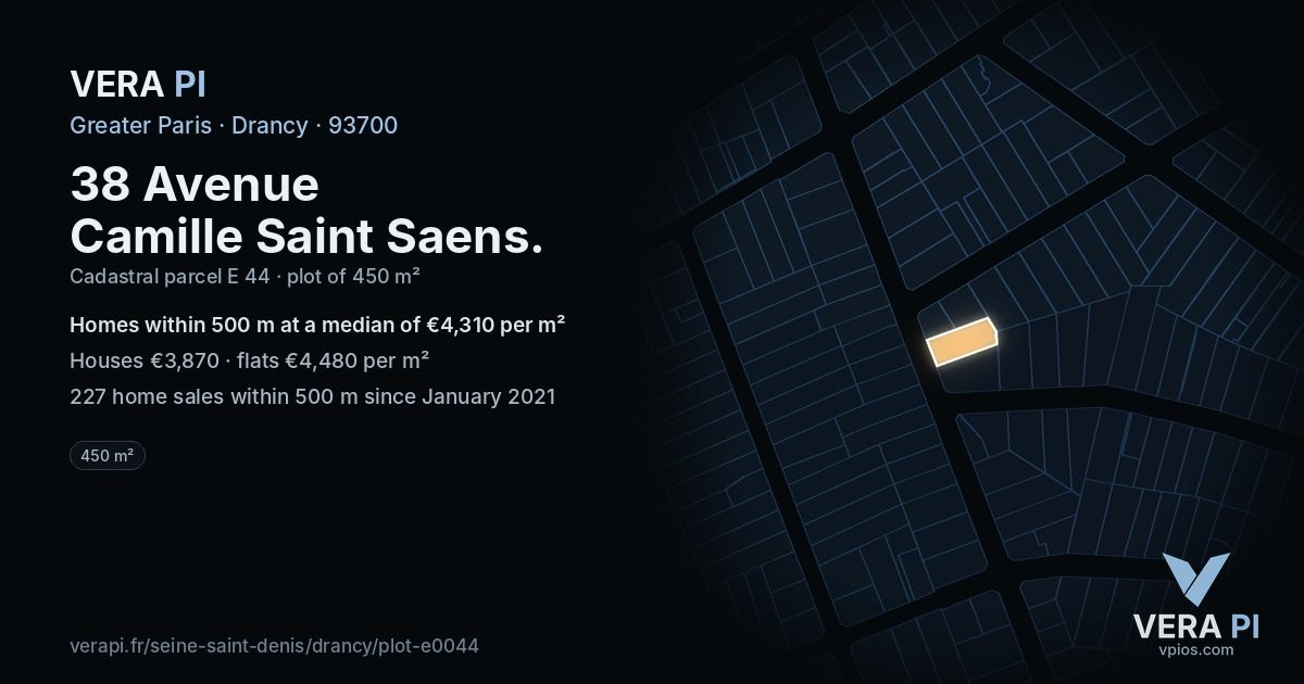 38 Avenue Camille Saint Saens, Drancy at night – the plot lit, the parcels around coloured by the prices near them