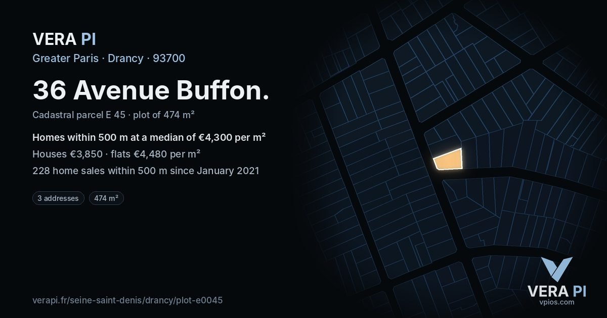 36 Avenue Buffon, Drancy at night – the plot lit, the parcels around coloured by the prices near them