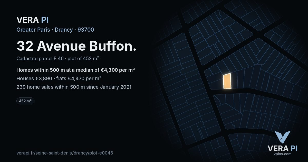 32 Avenue Buffon, Drancy at night – the plot lit, the parcels around coloured by the prices near them