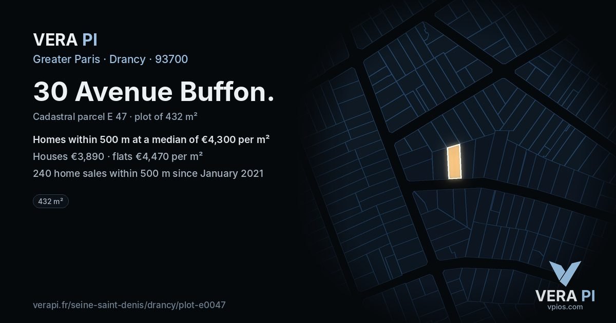 30 Avenue Buffon, Drancy at night – the plot lit, the parcels around coloured by the prices near them