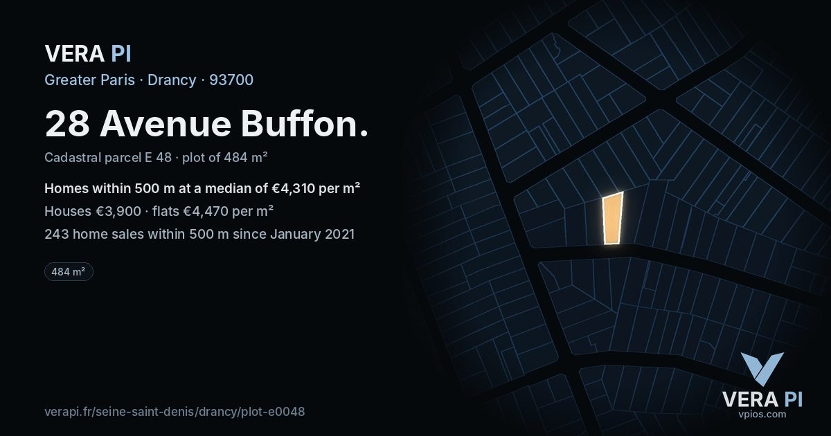 28 Avenue Buffon, Drancy at night – the plot lit, the parcels around coloured by the prices near them