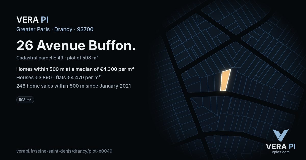 26 Avenue Buffon, Drancy at night – the plot lit, the parcels around coloured by the prices near them