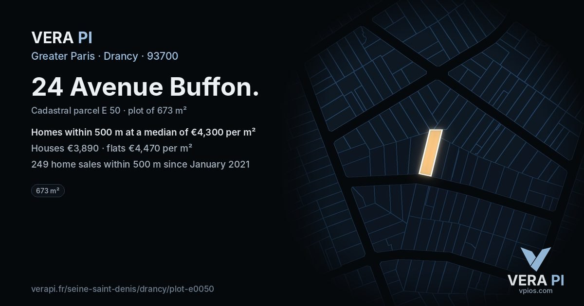 24 Avenue Buffon, Drancy at night – the plot lit, the parcels around coloured by the prices near them