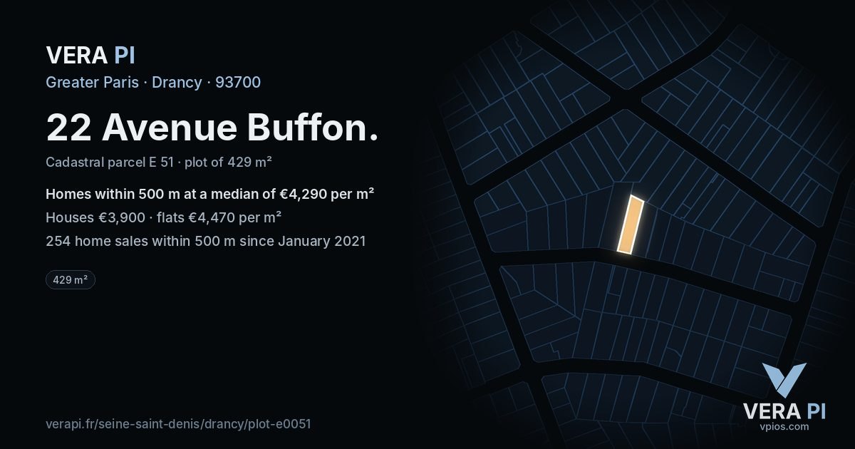 22 Avenue Buffon, Drancy at night – the plot lit, the parcels around coloured by the prices near them