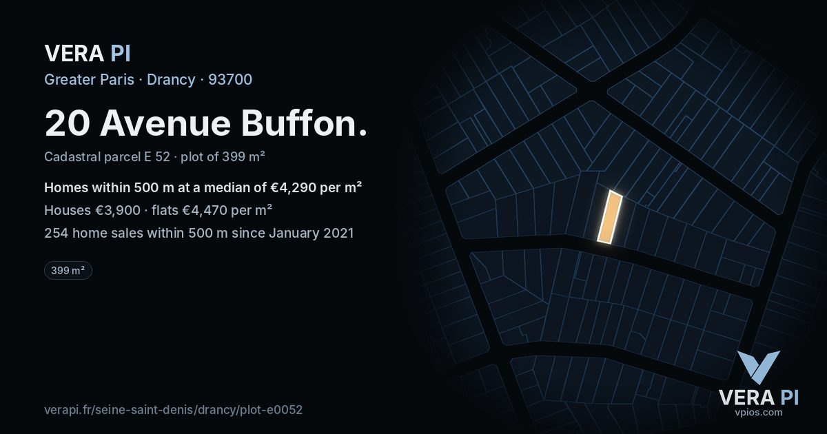 20 Avenue Buffon, Drancy at night – the plot lit, the parcels around coloured by the prices near them