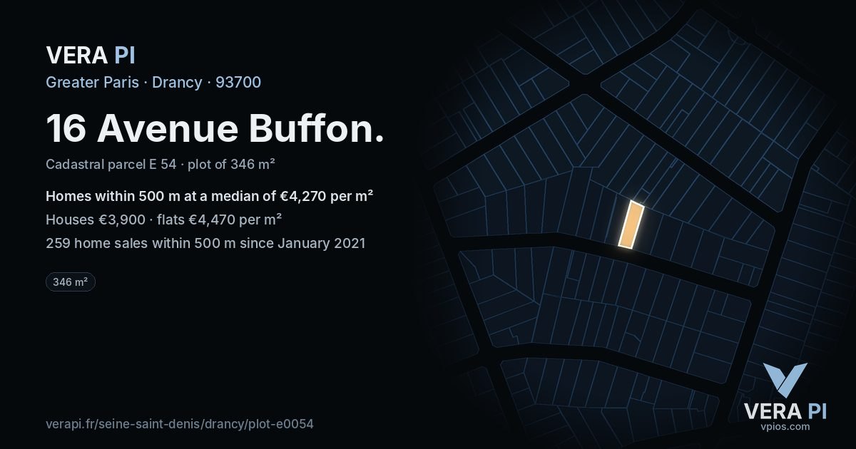 16 Avenue Buffon, Drancy at night – the plot lit, the parcels around coloured by the prices near them