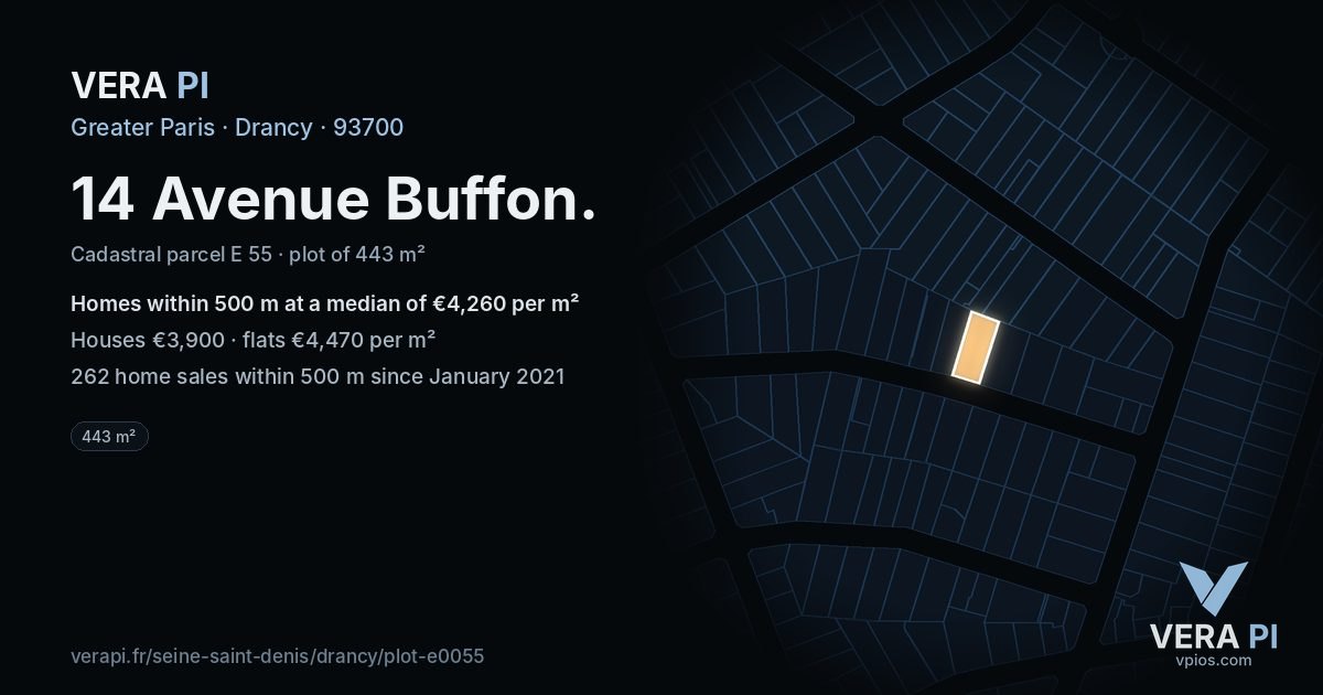 14 Avenue Buffon, Drancy at night – the plot lit, the parcels around coloured by the prices near them