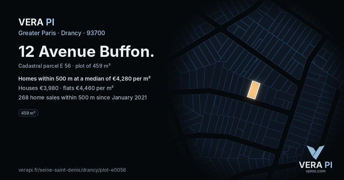 12 Avenue Buffon, Drancy at night – the plot lit, the parcels around coloured by the prices near them