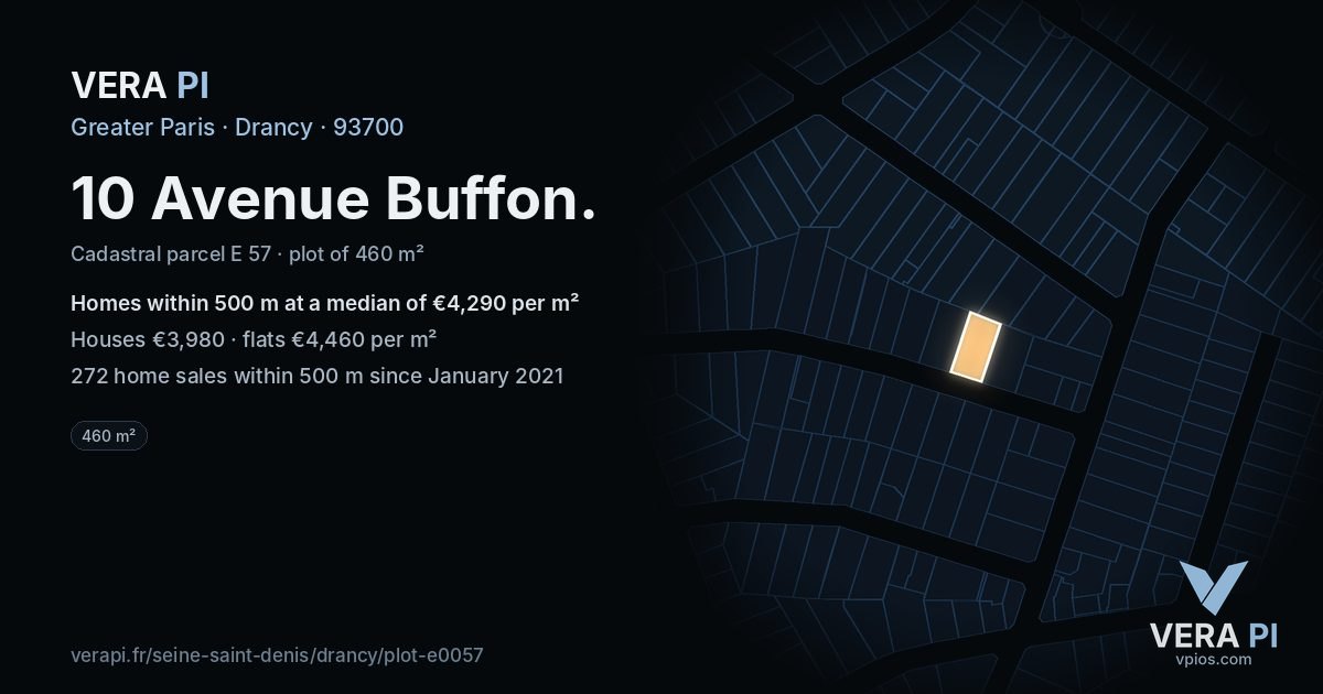 10 Avenue Buffon, Drancy at night – the plot lit, the parcels around coloured by the prices near them