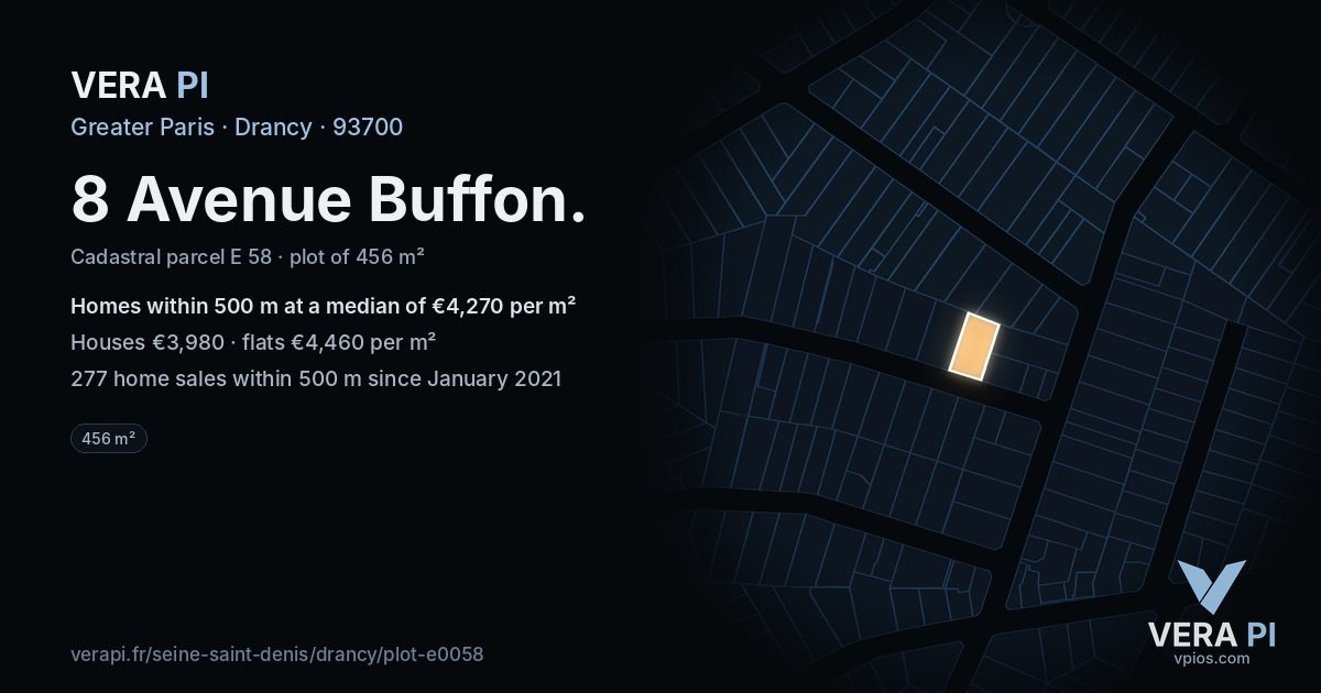 8 Avenue Buffon, Drancy at night – the plot lit, the parcels around coloured by the prices near them