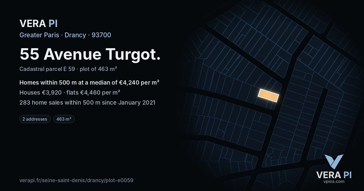 55 Avenue Turgot, Drancy at night – the plot lit, the parcels around coloured by the prices near them