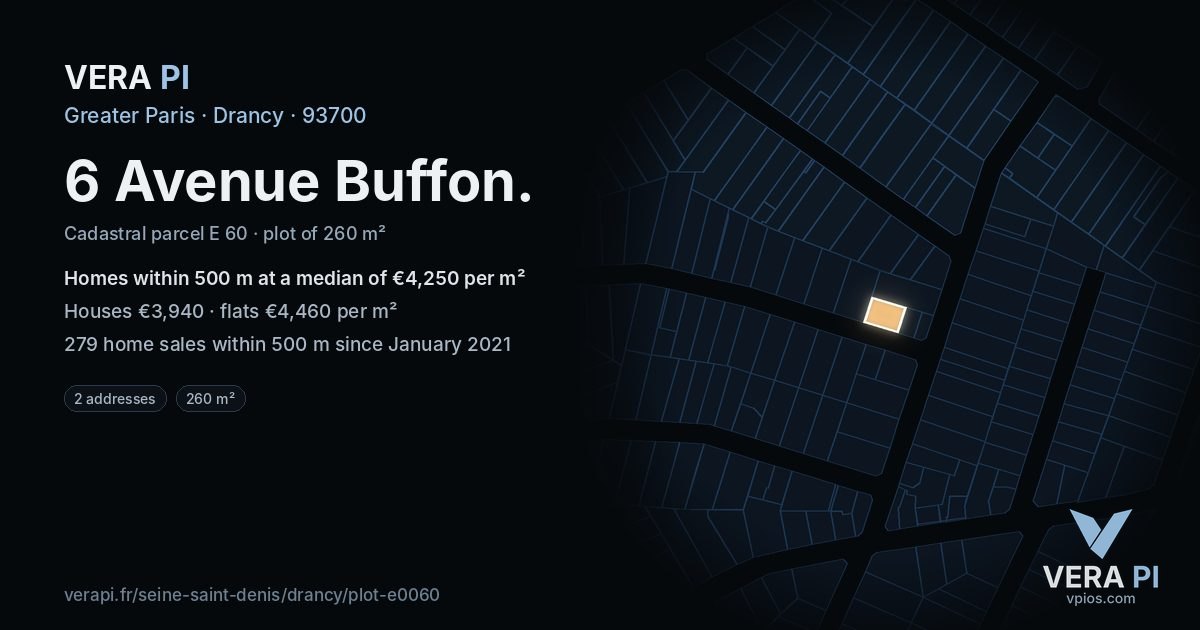 6 Avenue Buffon, Drancy at night – the plot lit, the parcels around coloured by the prices near them