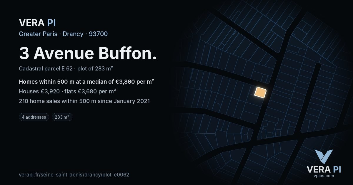 3 Avenue Buffon, Drancy at night – the plot lit, the parcels around coloured by the prices near them
