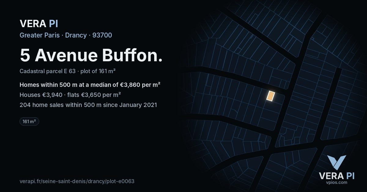 5 Avenue Buffon, Drancy at night – the plot lit, the parcels around coloured by the prices near them