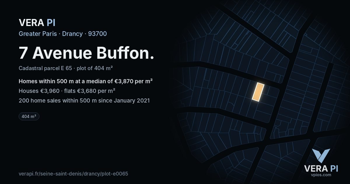 7 Avenue Buffon, Drancy at night – the plot lit, the parcels around coloured by the prices near them