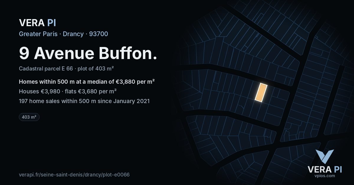 9 Avenue Buffon, Drancy at night – the plot lit, the parcels around coloured by the prices near them