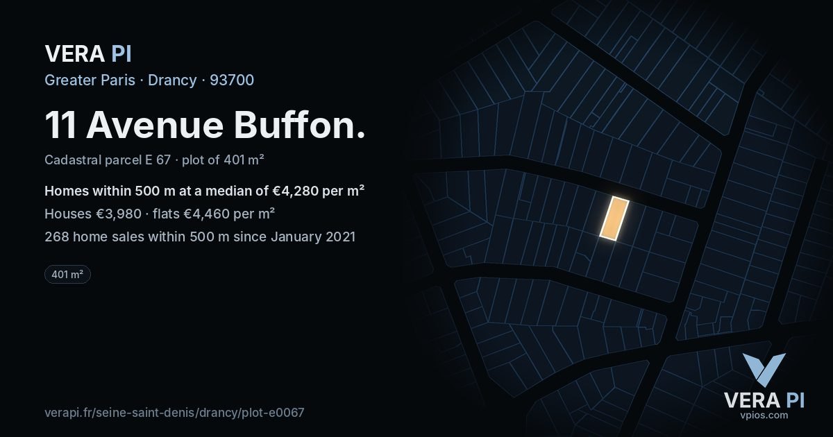 11 Avenue Buffon, Drancy at night – the plot lit, the parcels around coloured by the prices near them