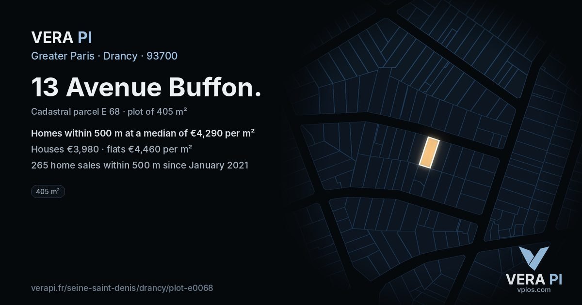 13 Avenue Buffon, Drancy at night – the plot lit, the parcels around coloured by the prices near them