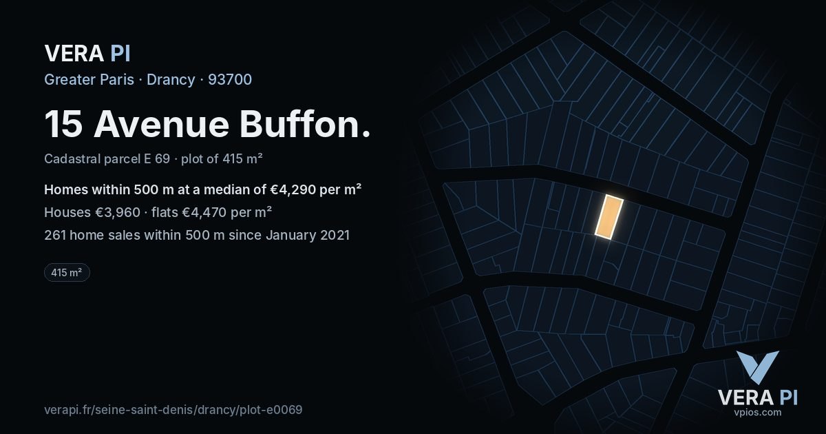 15 Avenue Buffon, Drancy at night – the plot lit, the parcels around coloured by the prices near them