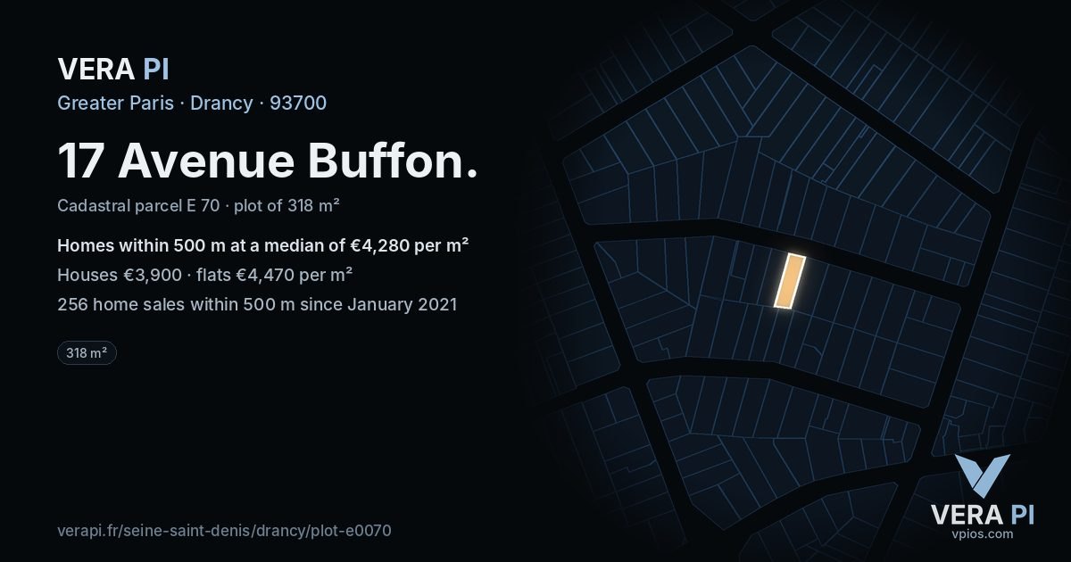17 Avenue Buffon, Drancy at night – the plot lit, the parcels around coloured by the prices near them