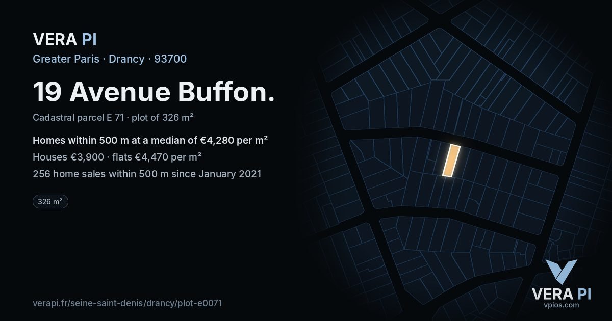 19 Avenue Buffon, Drancy at night – the plot lit, the parcels around coloured by the prices near them