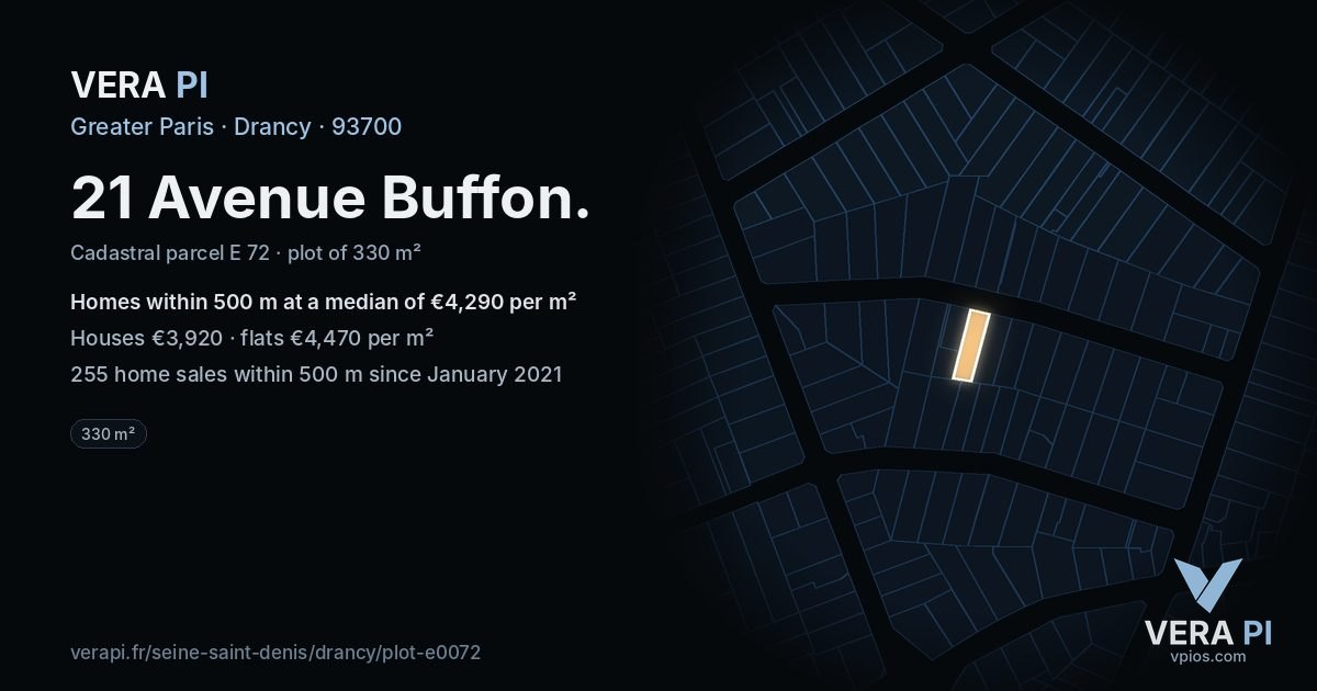 21 Avenue Buffon, Drancy at night – the plot lit, the parcels around coloured by the prices near them