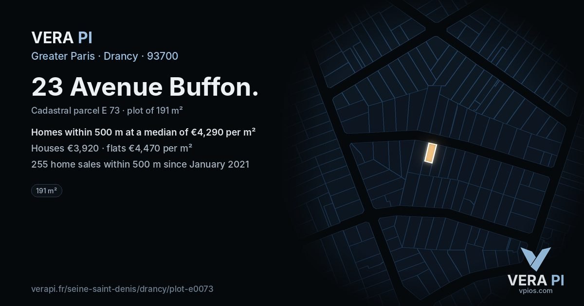 23 Avenue Buffon, Drancy at night – the plot lit, the parcels around coloured by the prices near them