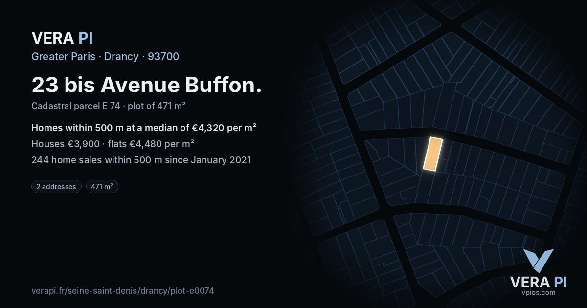 23 bis Avenue Buffon, Drancy at night – the plot lit, the parcels around coloured by the prices near them