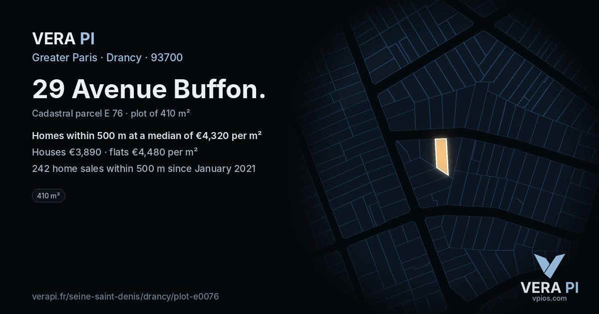 29 Avenue Buffon, Drancy at night – the plot lit, the parcels around coloured by the prices near them