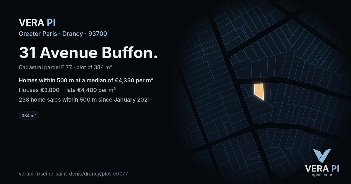 31 Avenue Buffon, Drancy at night – the plot lit, the parcels around coloured by the prices near them