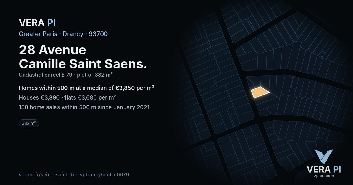 28 Avenue Camille Saint Saens, Drancy at night – the plot lit, the parcels around coloured by the prices near them