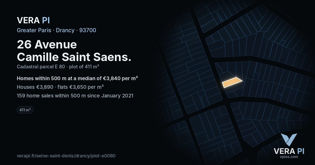 26 Avenue Camille Saint Saens, Drancy at night – the plot lit, the parcels around coloured by the prices near them