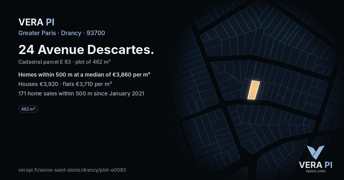 24 Avenue Descartes, Drancy at night – the plot lit, the parcels around coloured by the prices near them