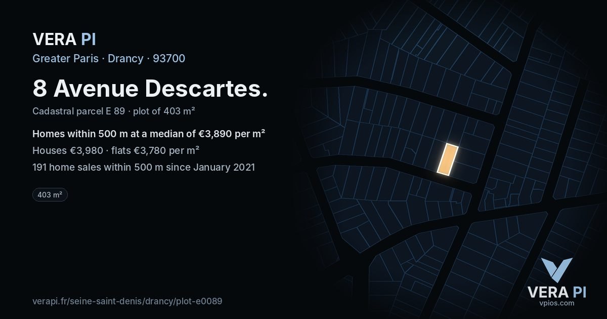 8 Avenue Descartes, Drancy at night – the plot lit, the parcels around coloured by the prices near them