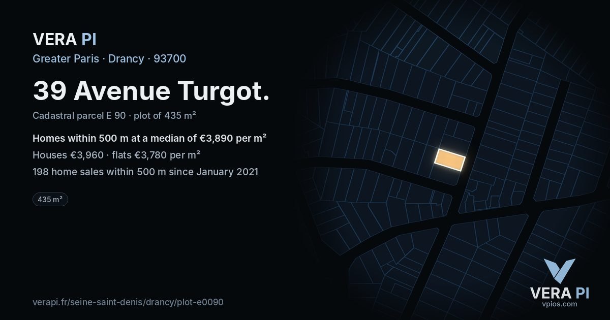 39 Avenue Turgot, Drancy at night – the plot lit, the parcels around coloured by the prices near them