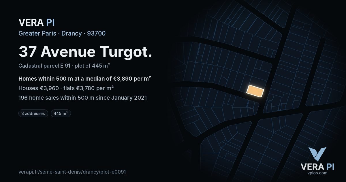 37 Avenue Turgot, Drancy at night – the plot lit, the parcels around coloured by the prices near them