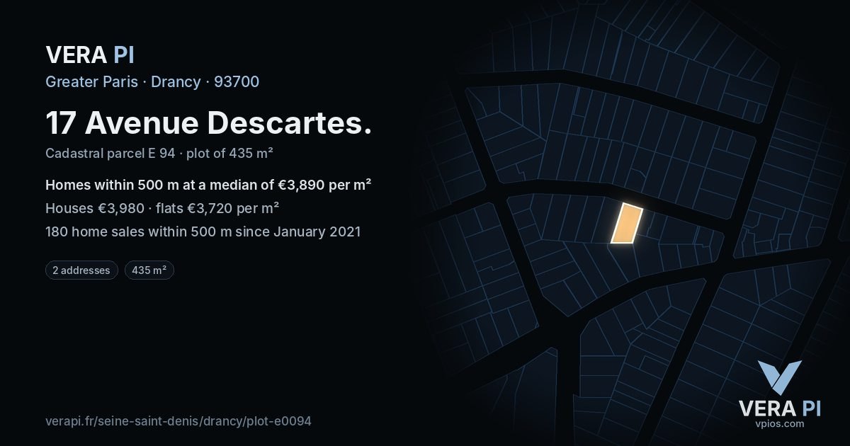 17 Avenue Descartes, Drancy at night – the plot lit, the parcels around coloured by the prices near them