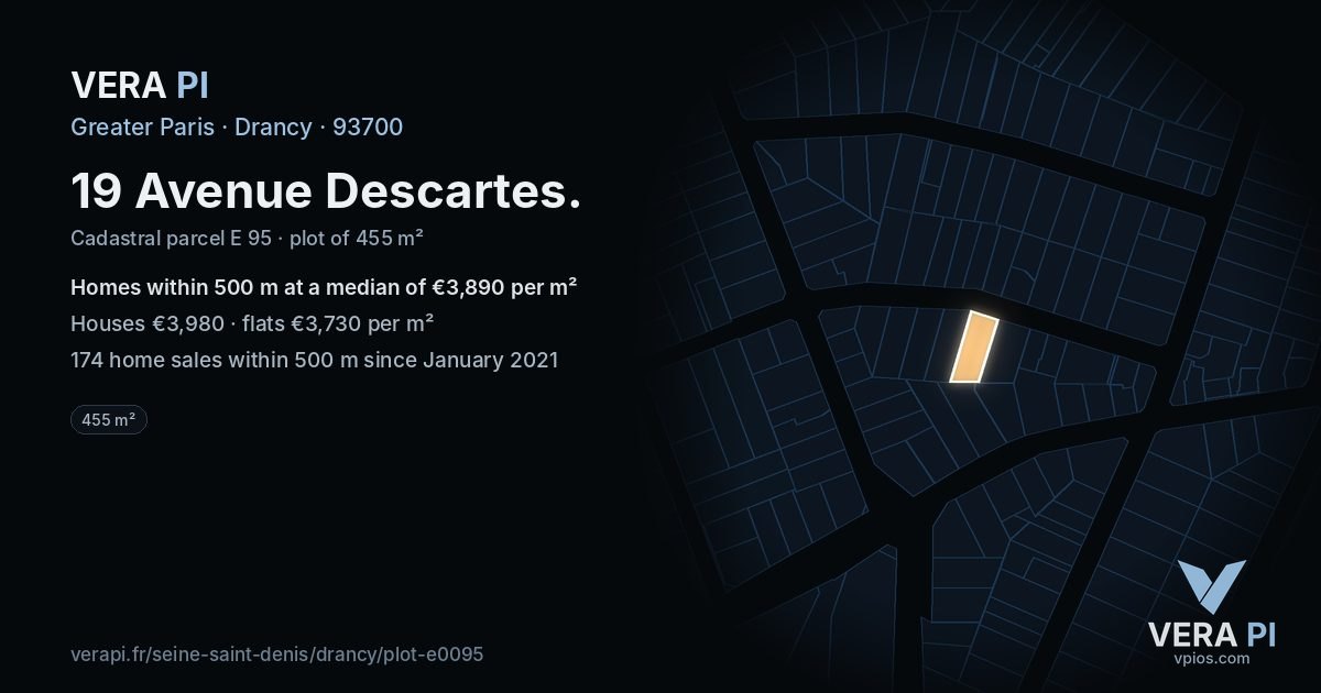 19 Avenue Descartes, Drancy at night – the plot lit, the parcels around coloured by the prices near them