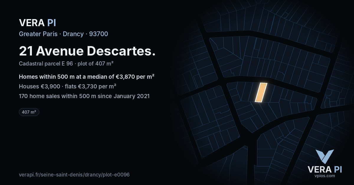 21 Avenue Descartes, Drancy at night – the plot lit, the parcels around coloured by the prices near them