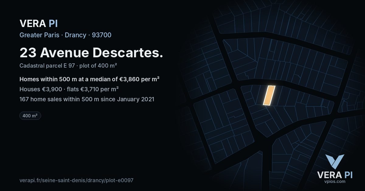 23 Avenue Descartes, Drancy at night – the plot lit, the parcels around coloured by the prices near them
