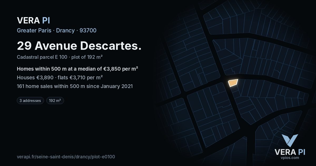 29 Avenue Descartes, Drancy at night – the plot lit, the parcels around coloured by the prices near them