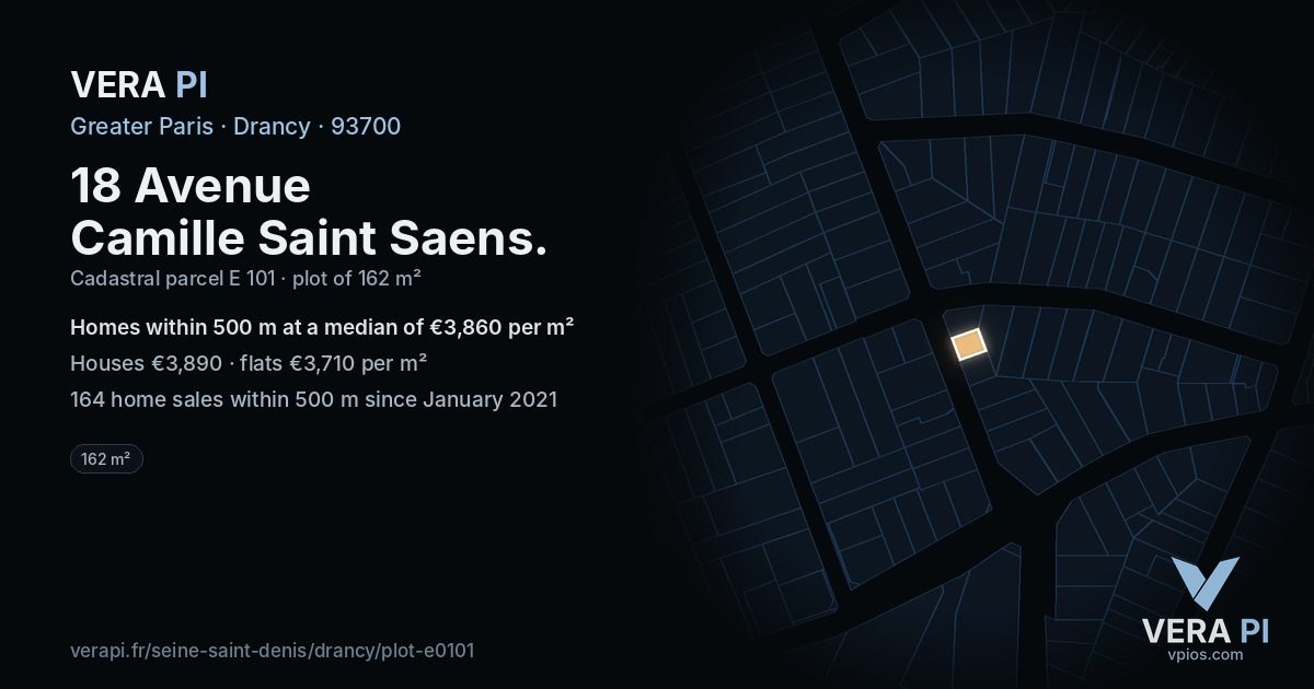18 Avenue Camille Saint Saens, Drancy at night – the plot lit, the parcels around coloured by the prices near them