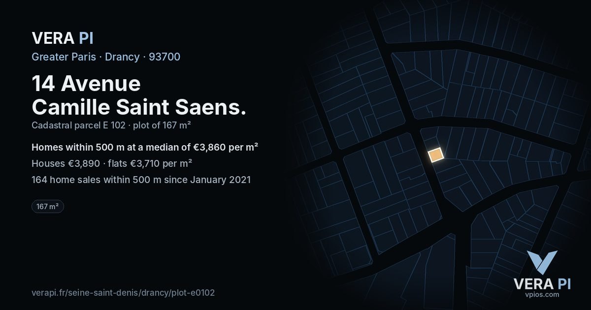 14 Avenue Camille Saint Saens, Drancy at night – the plot lit, the parcels around coloured by the prices near them