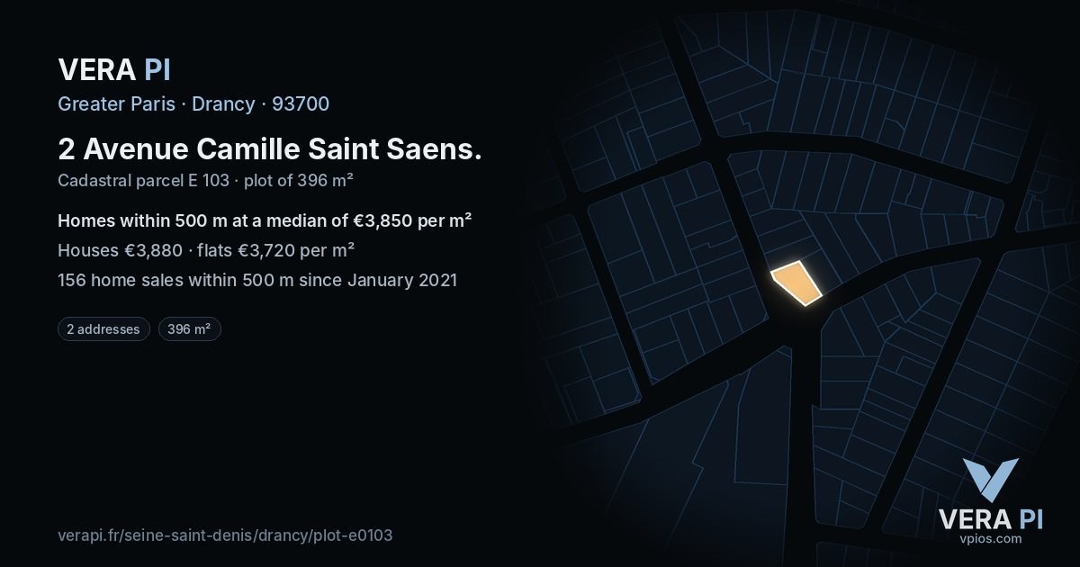2 Avenue Camille Saint Saens, Drancy at night – the plot lit, the parcels around coloured by the prices near them