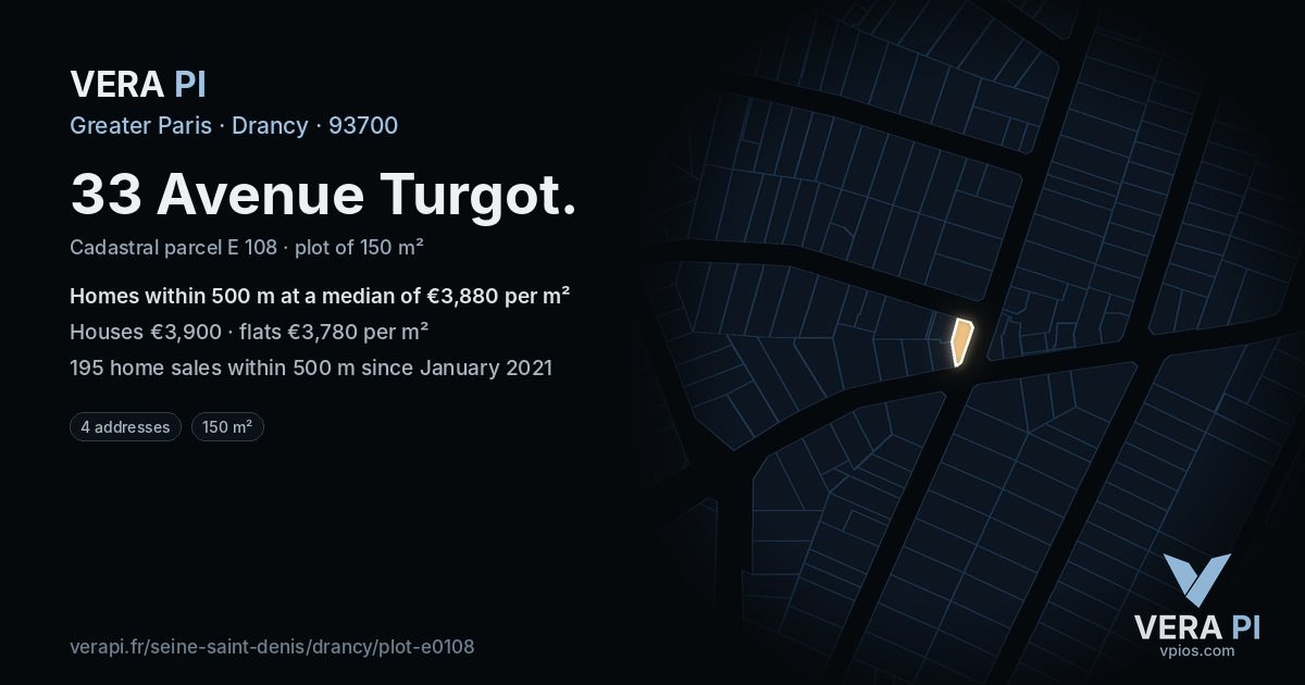 33 Avenue Turgot, Drancy at night – the plot lit, the parcels around coloured by the prices near them
