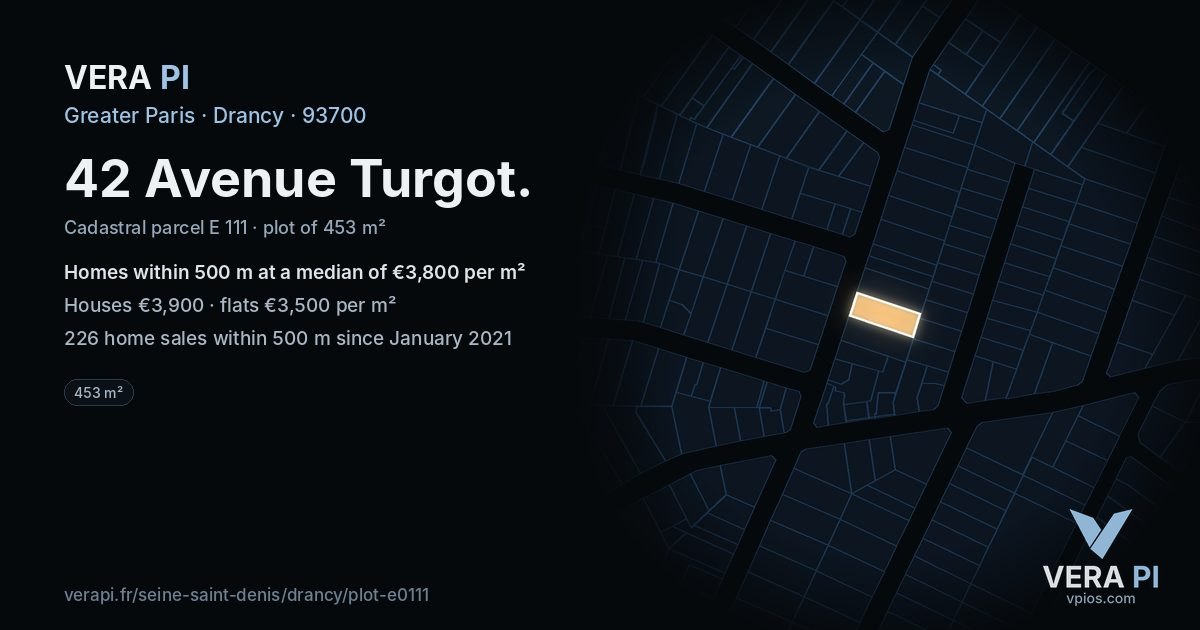 42 Avenue Turgot, Drancy at night – the plot lit, the parcels around coloured by the prices near them