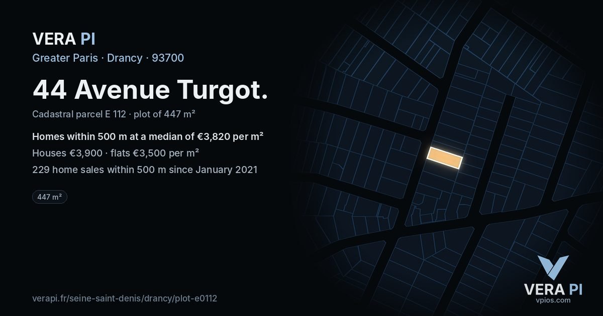 44 Avenue Turgot, Drancy at night – the plot lit, the parcels around coloured by the prices near them