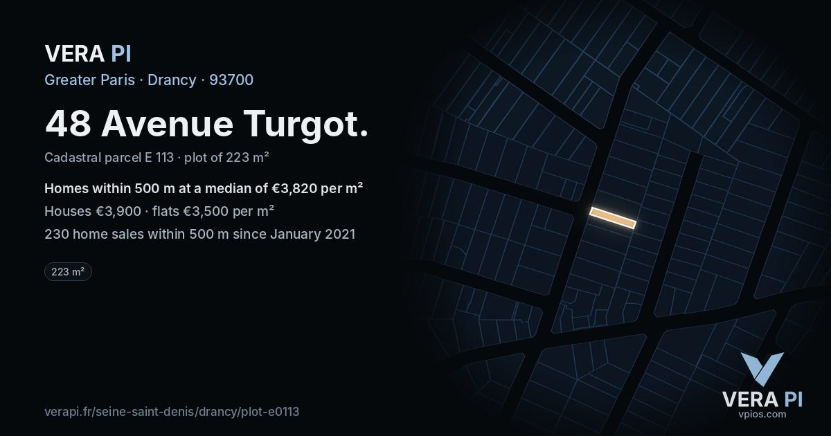 48 Avenue Turgot, Drancy at night – the plot lit, the parcels around coloured by the prices near them