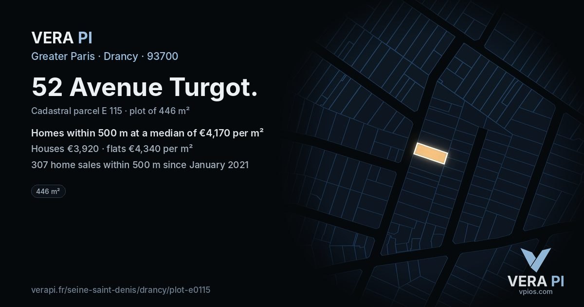 52 Avenue Turgot, Drancy at night – the plot lit, the parcels around coloured by the prices near them